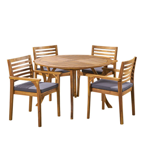 gdf studio Phoenix Outdoor Acacia 4-Seater Dining Set with Cushions and 47" Round Table with Carved Legs
