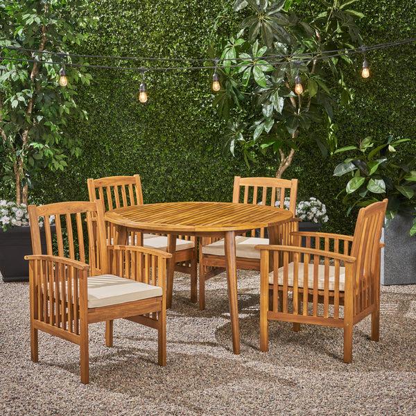 Gdf Studio Phoenix Outdoor Acacia 4-Seater Dining Set With Cushions And 47" Round Table With Straight Legs