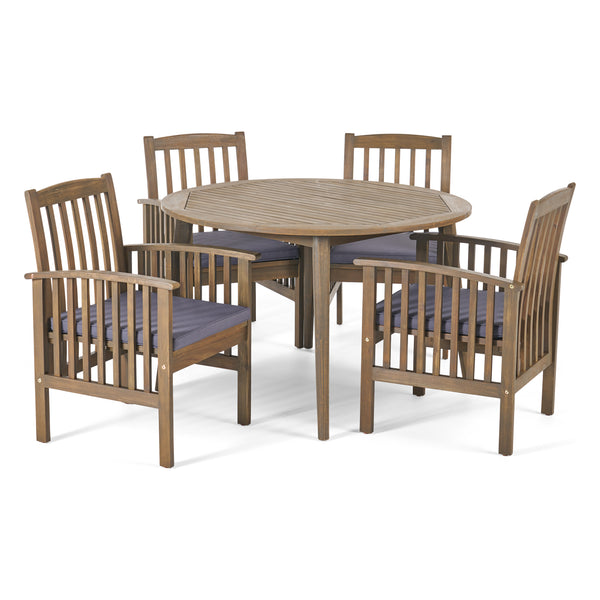 Gdf Studio Phoenix Outdoor Acacia 4-Seater Dining Set With Cushions And 47" Round Table With Straight Legs