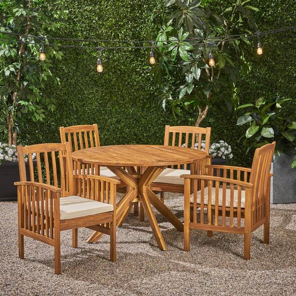 Gdf Studio Phoenix Outdoor Acacia 4-Seater Dining Set With Cushions And 47" Round Table With X-Legs