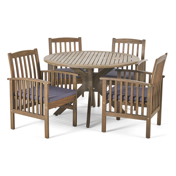 Gdf Studio Phoenix Outdoor Acacia 4-Seater Dining Set With Cushions And 47" Round Table With X-Legs