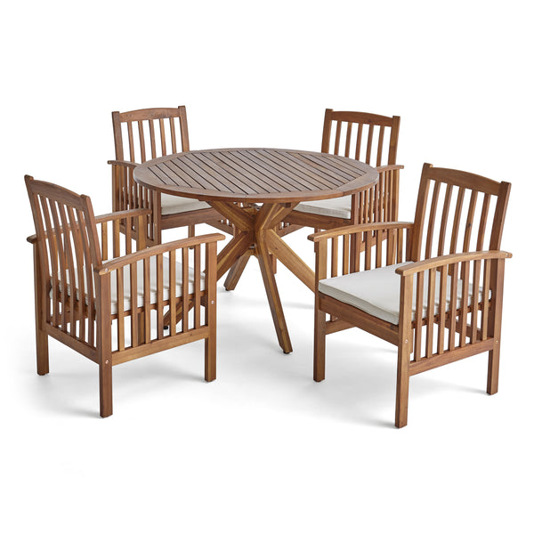 gdf studio Phoenix Outdoor Acacia 4-Seater Dining Set with Cushions and 47" Round Table with X-Legs