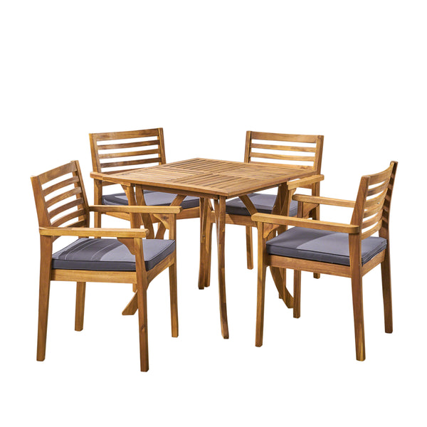 gdf studio Phoenix Outdoor Acacia 4-Seater Dining Set with Cushions and 32" Square Table with Carved Legs