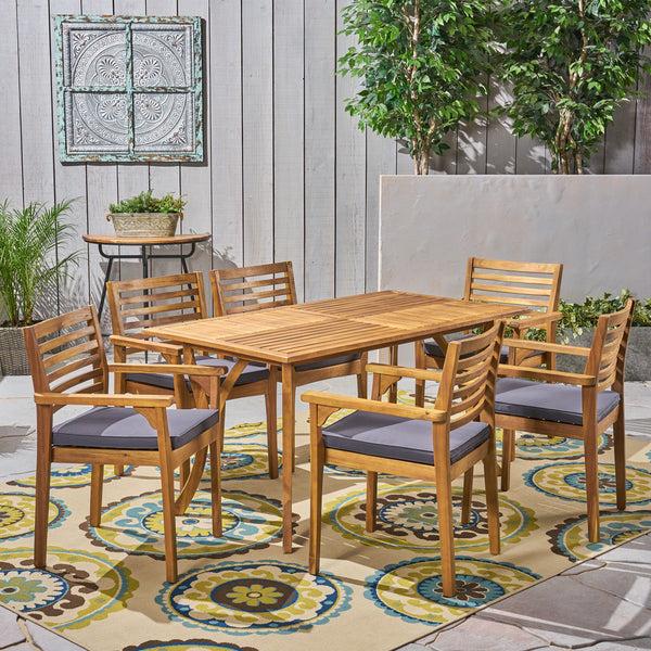 Gdf Studio Phoenix Outdoor Acacia 6-Seater Dining Set With Cushions And 59" Rectangular Table With Carved Legs