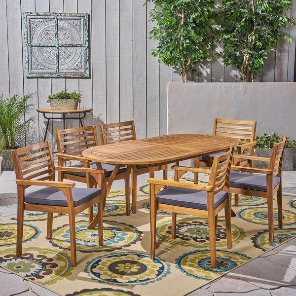 Gdf Studio Phoenix Outdoor Acacia 6-Seater Dining Set With Cushions And 70" Oval Table With Carved Legs