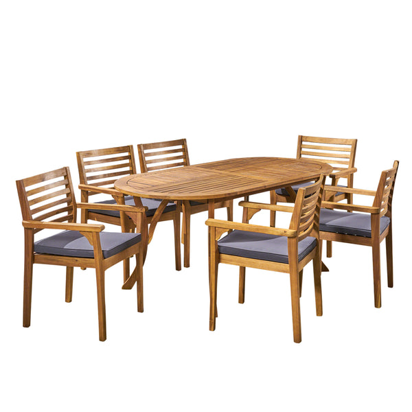 gdf studio Phoenix Outdoor Acacia 6-Seater Dining Set with Cushions and 70" Oval Table with Carved Legs