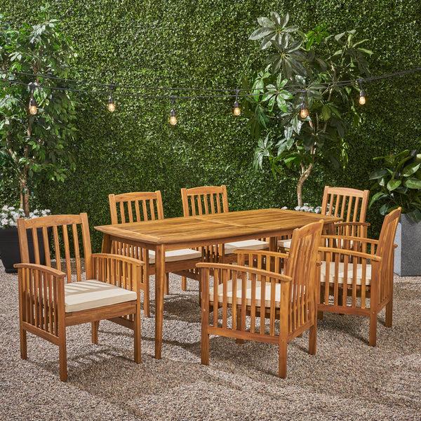 Gdf Studio Phoenix Outdoor Acacia 6-Seater Dining Set With Cushions And 71" Rectangular Table With Straight Legs