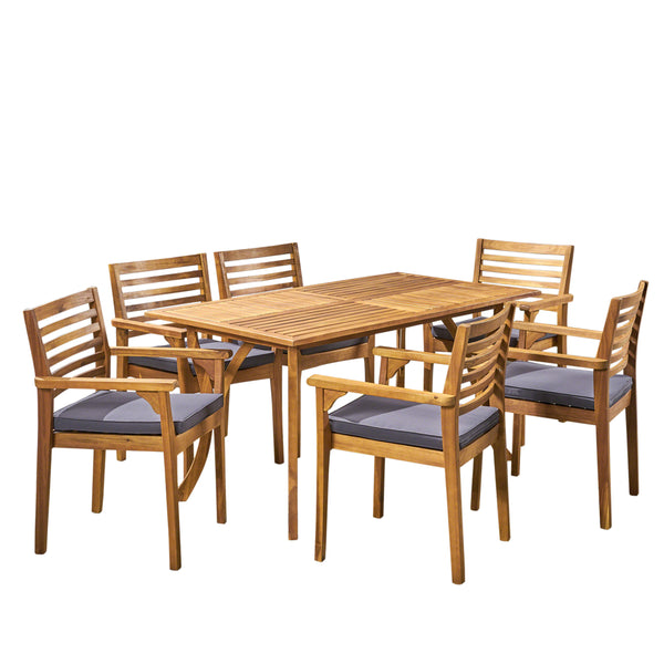 gdf studio Phoenix Outdoor Acacia 6-Seater Dining Set with Cushions and 59" Rectangular Table with Carved Legs