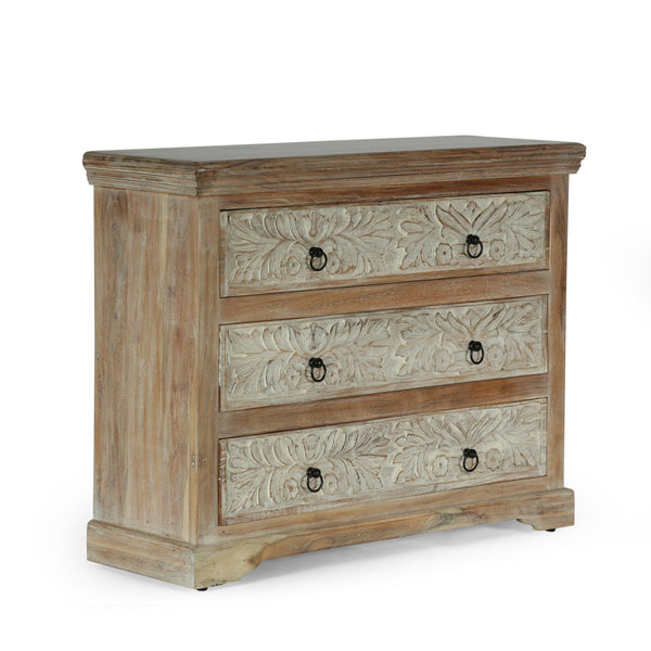 gdf studio Picardy Boho Handcrafted Acacia Wood 3 Drawer Chest Natural and White