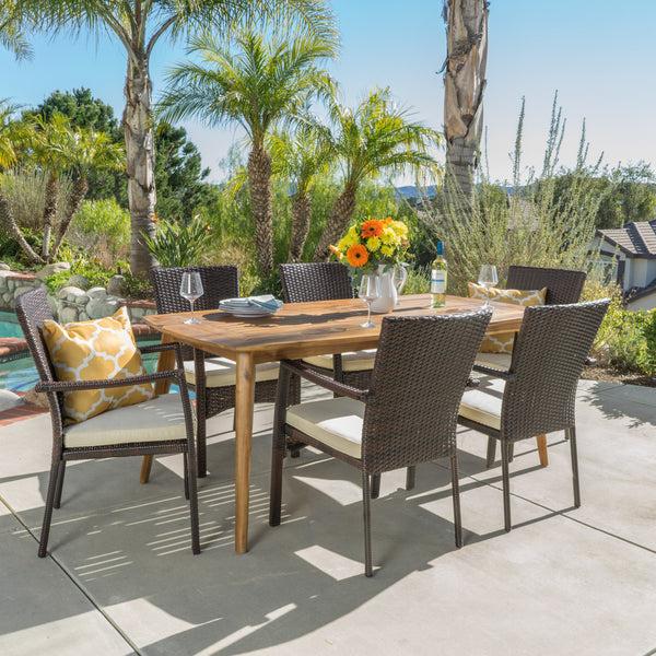 Gdf Studio Pisciotta Outdoor 7-Piece Brown Wicker Dining Set With Cream Cushions