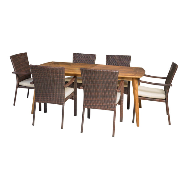 gdf studio Pisciotta Outdoor 7-Piece Brown Wicker Dining Set with Cream Cushions