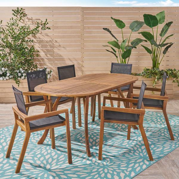 Gdf Studio Pitt Outdoor Acacia Wood 6 Seater Patio Dining Set With Mesh Seats
