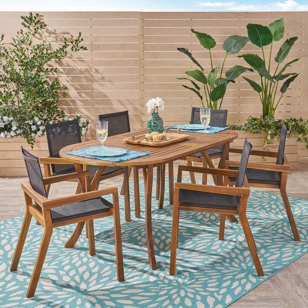 Gdf Studio Pitt Outdoor Acacia Wood 6 Seater Patio Dining Set With Mesh Seats