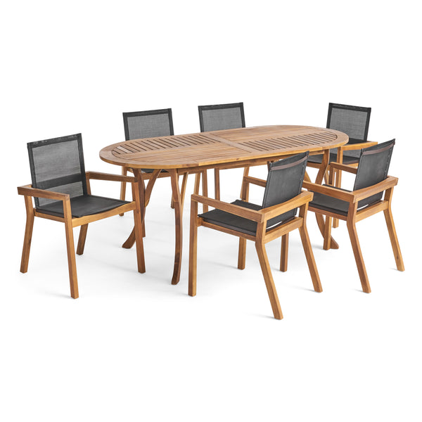 gdf studio Pitt Outdoor Acacia Wood 6 Seater Patio Dining Set with Mesh Seats