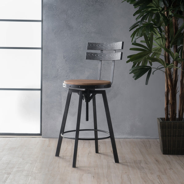 Gdf Studio Poe Black Brush Silver Firwood Adjustable Barstool