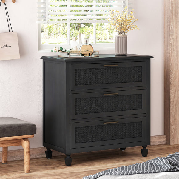 Gdf Studio Pollards Rustic Acacia Wood And Cane 3 Drawer Dresser Dark Gray