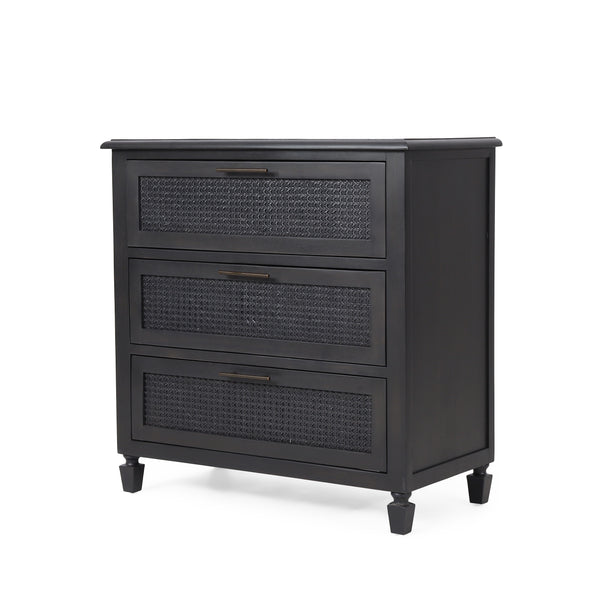 gdf studio Pollards Rustic Acacia Wood and Cane 3 Drawer Dresser Dark Gray