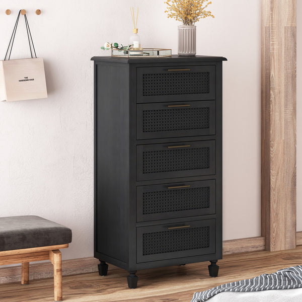 Gdf Studio Pollards Rustic Acacia Wood And Cane 5 Drawer Dresser Dark Gray