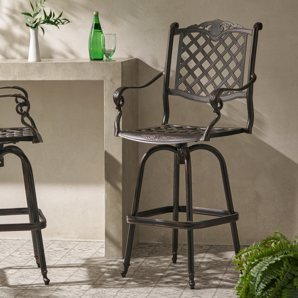 Gdf Studio Pomelo Traditional Outdoor Shiny Copper Cast Aluminum Swivel Barstool With Arms