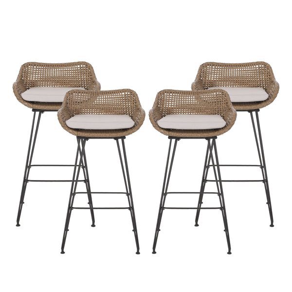 Gdf Studio Pondway Outdoor Wicker And Iron Barstools With Cushion Set Of 4