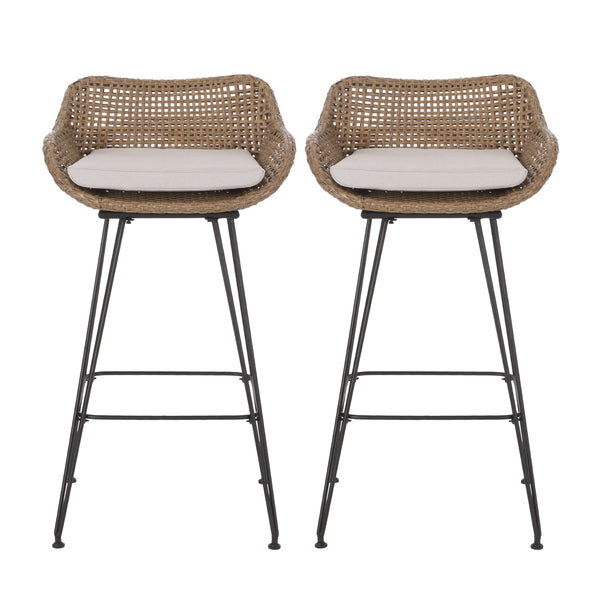 Gdf Studio Pondway Outdoor Wicker And Iron Barstools With Cushion Set Of 2
