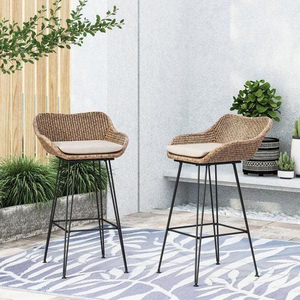 Gdf Studio Pondway Outdoor Wicker And Iron Barstools With Cushion Set Of 2