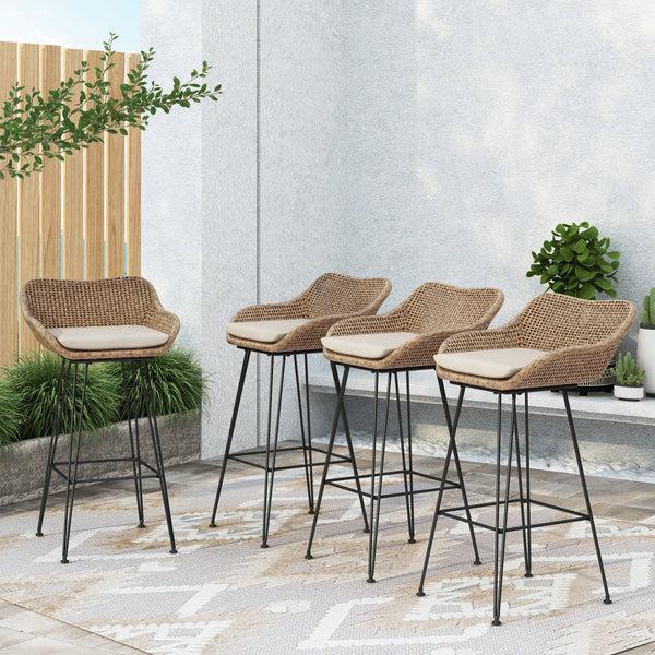 gdf studio Pondway Outdoor Wicker and Iron Barstools with Cushion Set of 4