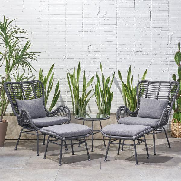Gdf Studio Pooneli Outdoor 5 Piece Wicker Chat Set With Ottomans