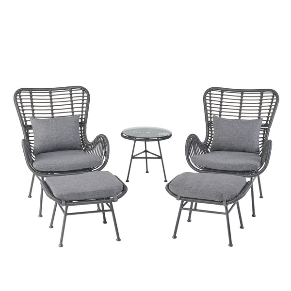 gdf studio Pooneli Outdoor 5 Piece Wicker Chat Set with Ottomans