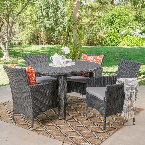 Gdf Studio Portia Outdoor 5 Pc Wicker Round Dining Set W/ Water Resistant Cushions