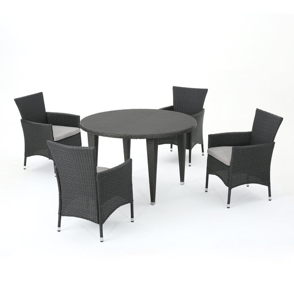 gdf studio Portia Outdoor 5 Pc Wicker Round Dining Set w/ Water Resistant Cushions