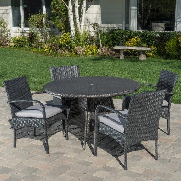 Gdf Studio Portola Outdoor 5 Piece Grey Wicker Dining Set With Cushions