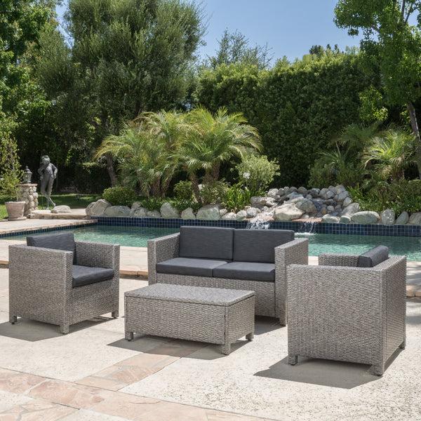 Gdf Studio Pueblo 4 Piece Wicker Chat Set W/ Water Resistant Cushions & Cover