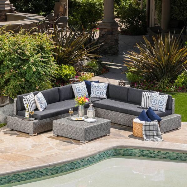 Gdf Studio Pueblo Outdoor 7 Seat Wicker V Shaped Sectional Sofa W/ Water Resistant Cushions