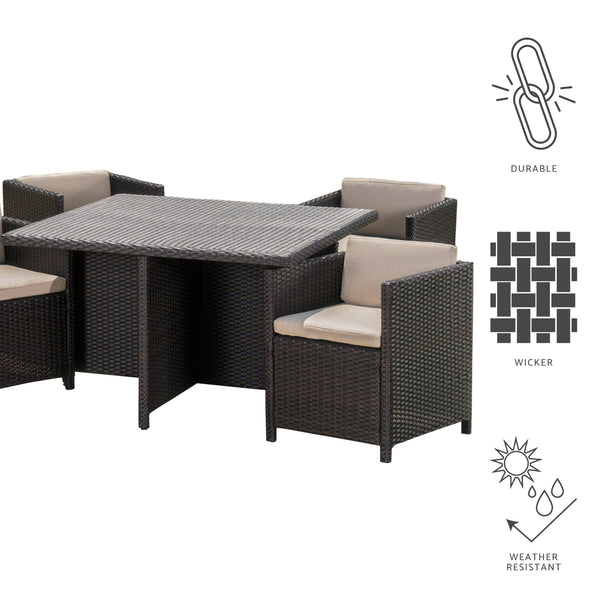 Gdf Studio Pueblo Outdoor Wicker 5Pc Dining Set W/ Water Resistant Cushions