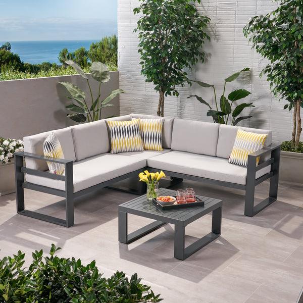 Gdf Studio Queena Outdoor Aluminum Sofa Sectional With Coffee Table