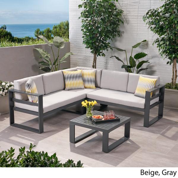 Gdf Studio Queena Outdoor Aluminum Sofa Sectional With Coffee Table