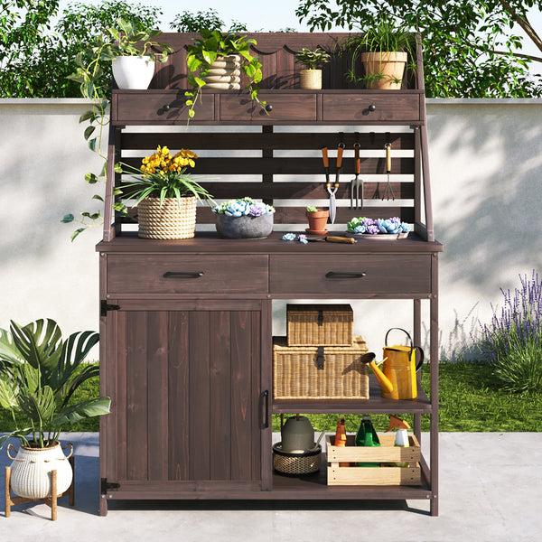 Gdf Studio Quirion Brown Fir Wood Potting Bench With Slatted Back Panel & Storage Cabinet & Drawer