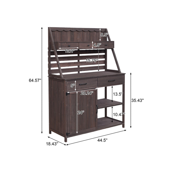 Gdf Studio Quirion Brown Fir Wood Potting Bench With Slatted Back Panel & Storage Cabinet & Drawer