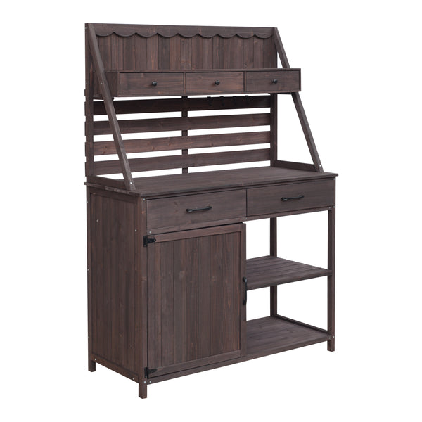 gdf studio Quirion Brown Fir Wood Potting Bench with Slatted Back Panel & Storage Cabinet & Drawer