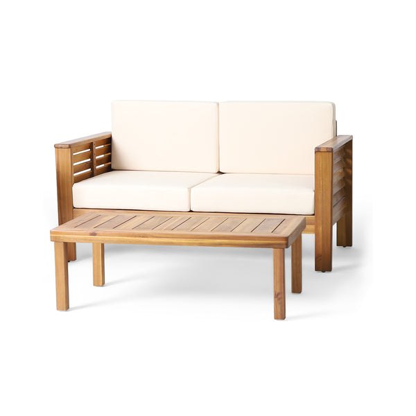 gdf studio Rabun Outdoor Acacia Wood Loveseat and Coffee Table Set with Cushions