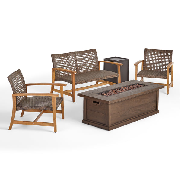 Gdf Studio Rachel Outdoor 5 Piece Wood And Wicker Chat Set With Fire Pit