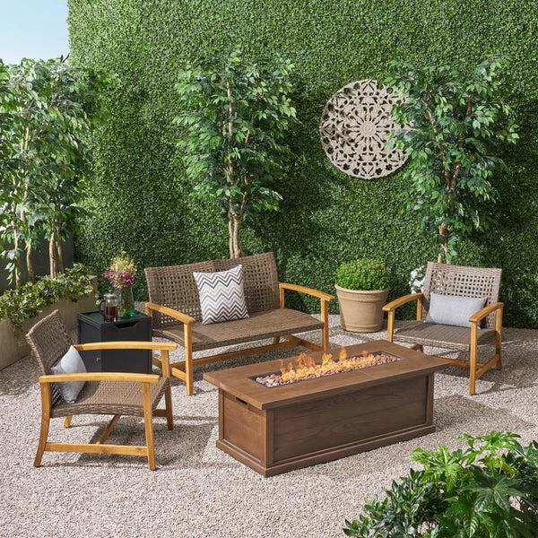 Gdf Studio Rachel Outdoor 5 Piece Wood And Wicker Chat Set With Fire Pit