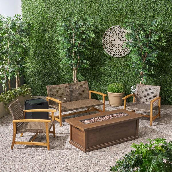 Gdf Studio Rachel Outdoor 5 Piece Wood And Wicker Chat Set With Fire Pit