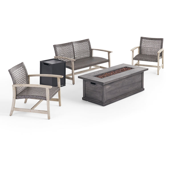 gdf studio Rachel Outdoor 5 Piece Wood and Wicker Chat Set with Fire Pit