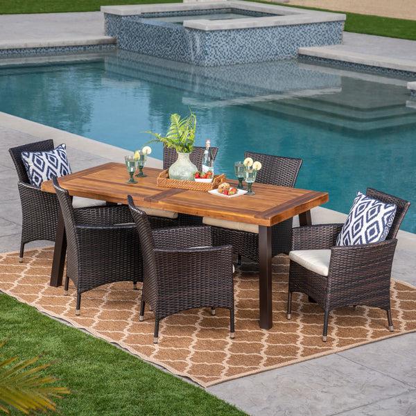 Gdf Studio Randy Outdoor 7 Piece Acacia Wood/ Wicker Dining Set With Cushions Teak Finish And Multibrown With Beige