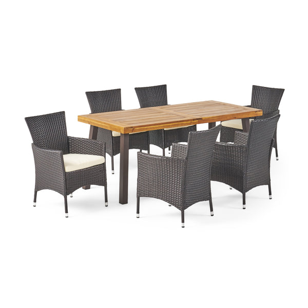 gdf studio Randy Outdoor 7 Piece Acacia Wood/ Wicker Dining Set with Cushions Teak Finish and Multibrown with Beige