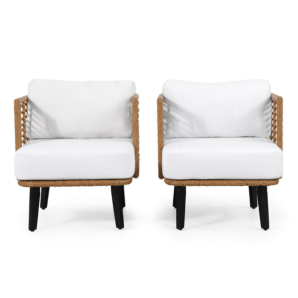 gdf studio Rauser Outdoor Wicker Club Chair with Water Resistant Cushion Set of 2 Light Brown and White