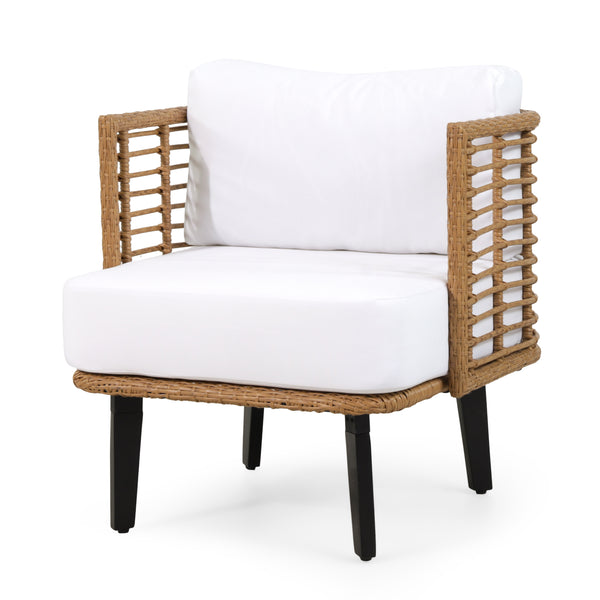 gdf studio Rauser Outdoor Wicker Club Chair with Water Resistant Cushion Light Brown and White