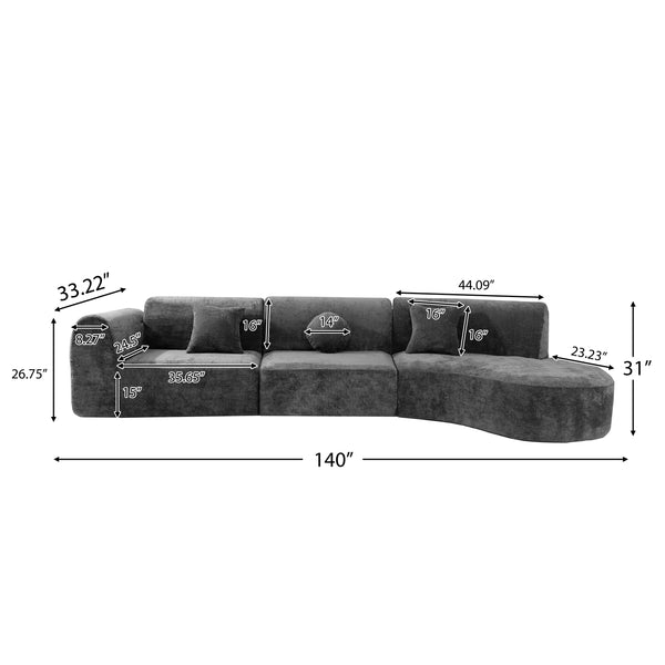 Gdf Studio Ravamonae 140" Modern Curved Sectional Sofa With High-Density Fully Compressed Sponge And Chaise Lounge 3-Piece Set
